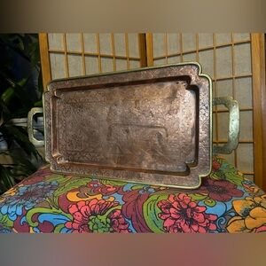 Antique Chinese engraved copper tray with dragons clouds sun mountains 19"